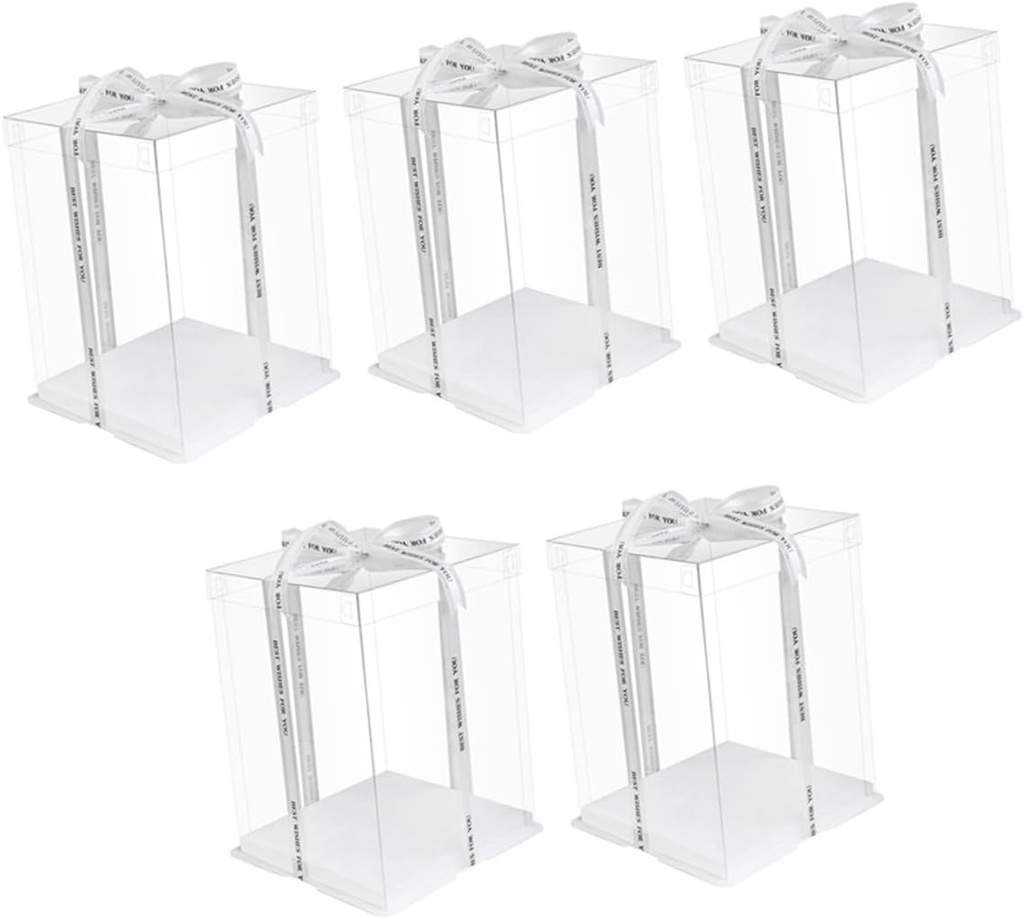 5pcs Transparent Double Layer Cake Storage Containers with Ribbon Birthday Cake Carrier Boxes Packing Case for Christmas Year Holiday Celebrations