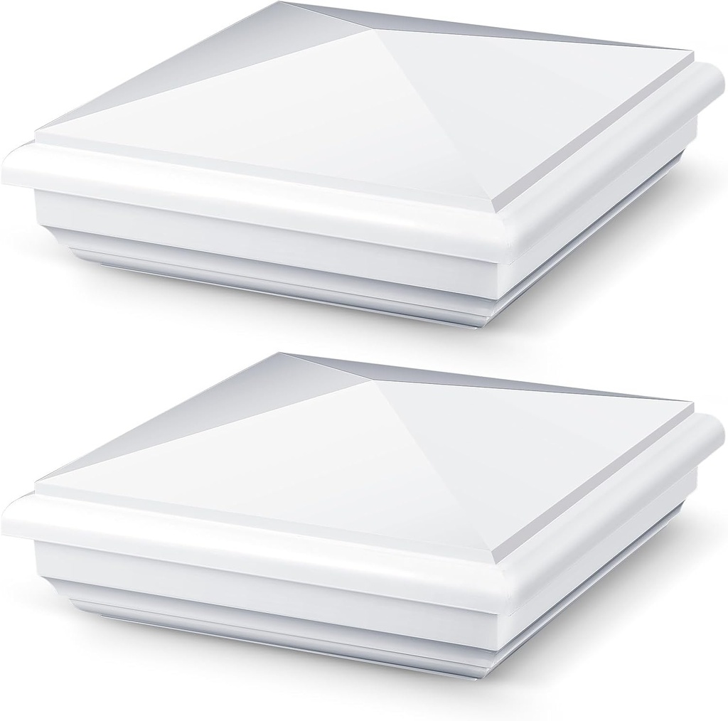 2 Pcs Vinyl Fence Post Caps White PVC England Style Post Cap Top Pyramid Square Waterproof UV Resistant Decorative Vinyl Fence Post Caps (5 x 5 Inch)