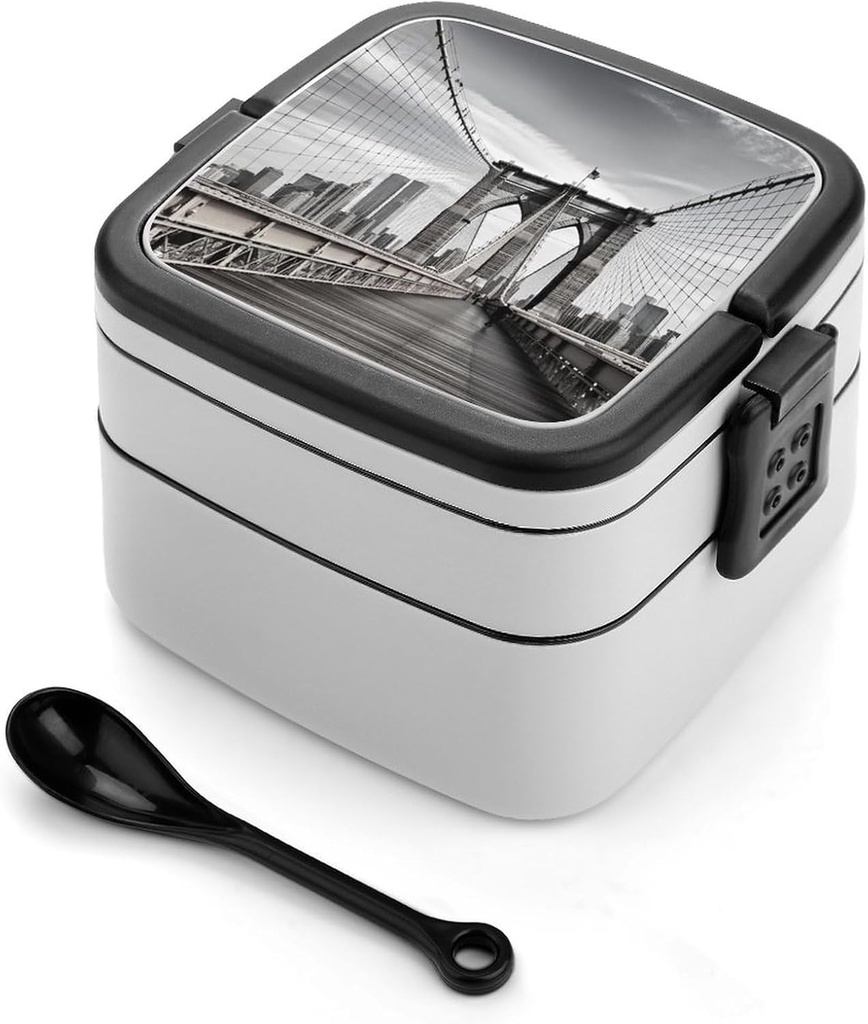 Brooklyn Bridge Bento Box Adult Lunch Box All-in-One Lunch Containers with Removable Compartments Double Layer Bento Lunch Box with Spoon And Handle Stackable Lunchbox