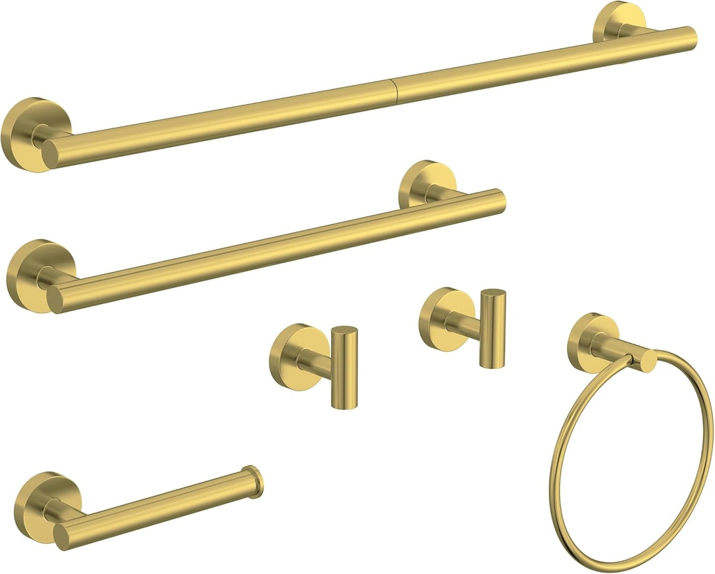 6 Pcs Brushed Gold Bathroom Accessories Hardware Set SUS304 Stainless Steel Towel Rack and Toilet Paper Holder Set Bath Towel Bar Set Wall Mounted for Bathroom Kitchen
