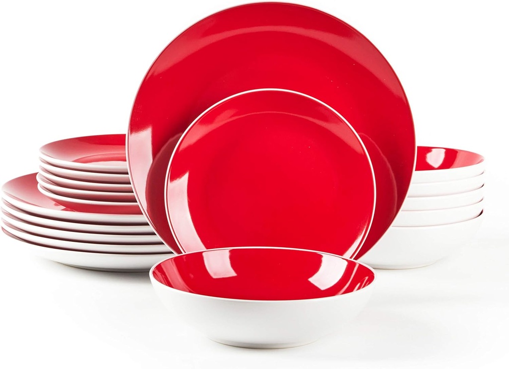 Stoneware Coupe Shape 18pc Dinnerware Set, Outside White + Inside Red