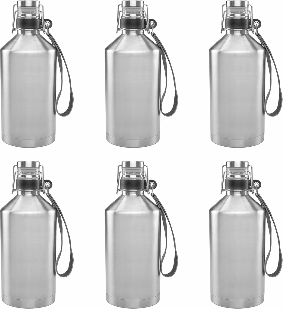 DISCOUNT PROMOS Stainless Steel Beer Growlers 64 oz. Set of 6, Bulk Pack - Great for Beer Festivals, Major Events or for Everyday Use - Silver