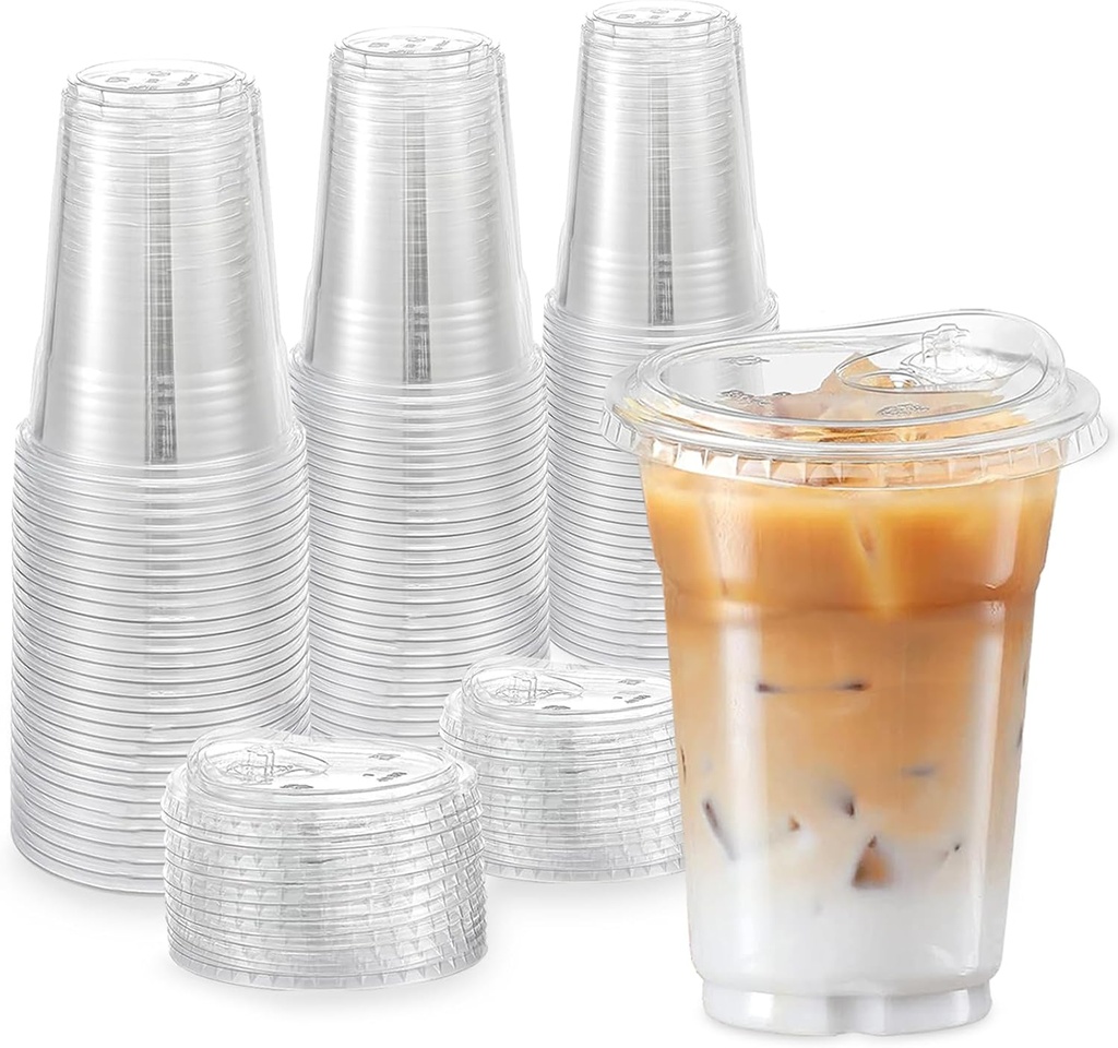TashiBox 16oz100 Sets Clear Plastic Cups With Strawless Sip Through Lids,Clear Crystal disposable plastic cups,smoothie cups