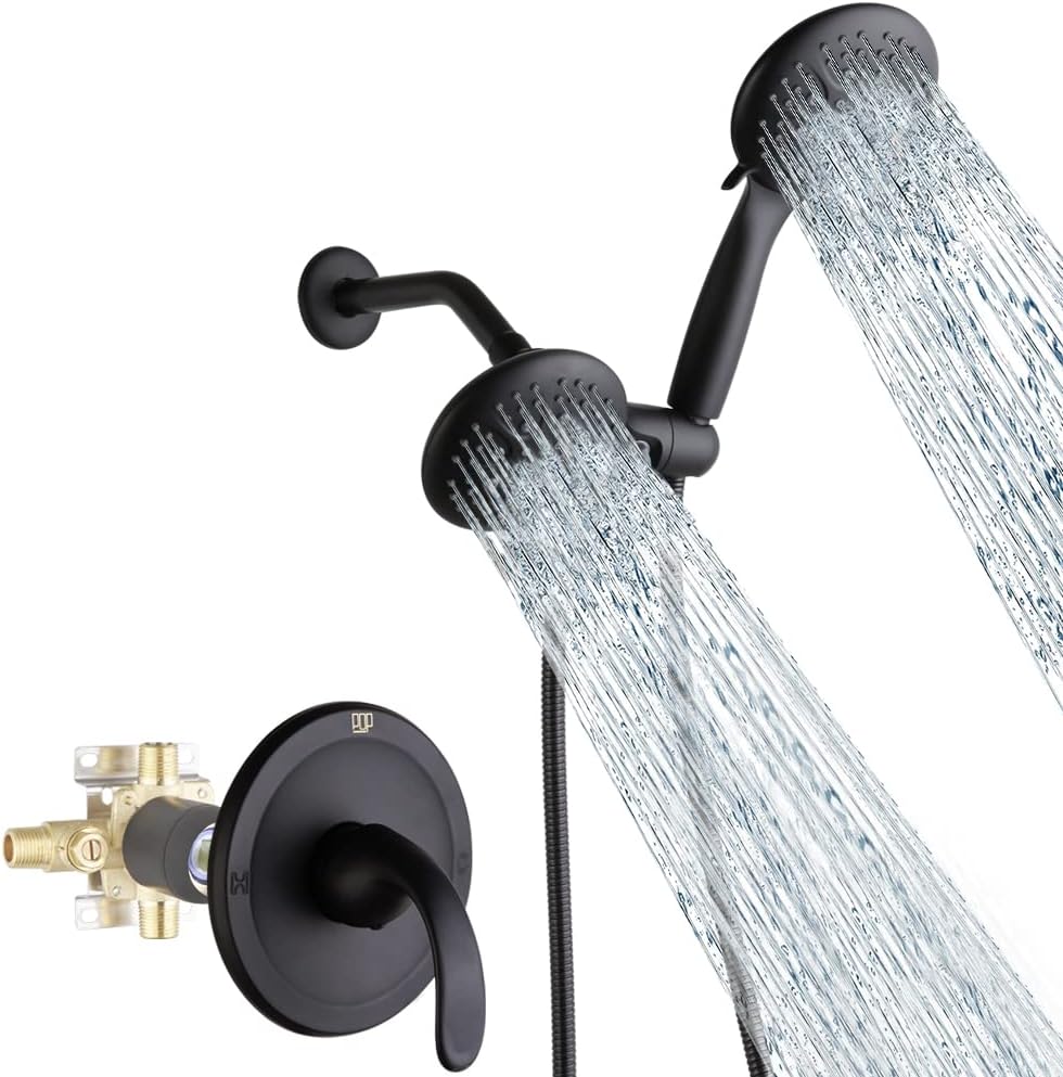 POP SANITARYWARE Black Dual-Function Shower Faucet Set with Valve Bathroom High Pressure 35 Setting Dual 2 in 1 Shower System with Handheld Showerhead 3-way Water Diverter Shower Trim Kit