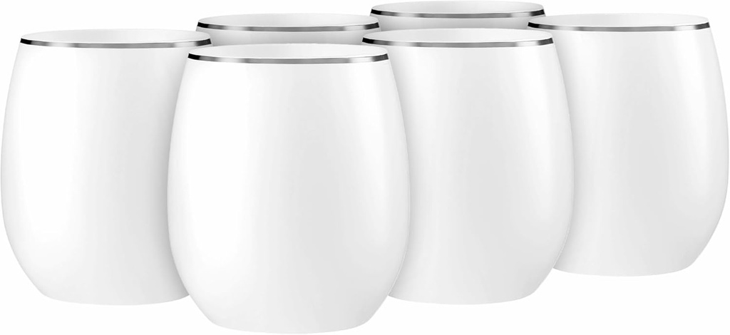 Decorline Elegant White with Silver Rim Stemless Wine Goblets - 12 oz (Set of 6), Plastic & Party-Ready Glassware, Perfect for Celebrations & Chic Gatherings