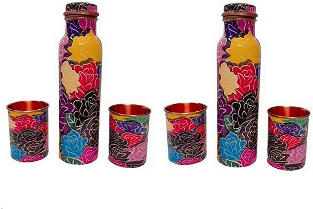 Copper Water Bottle With 2Glass Water Bottle For Drinking Water Leak Proof Copper Water Vessel (2 pcs bottle 1000 ml & 4 pcs glass 350 ml) By ORNATE INTERNATIONAL 2 sets