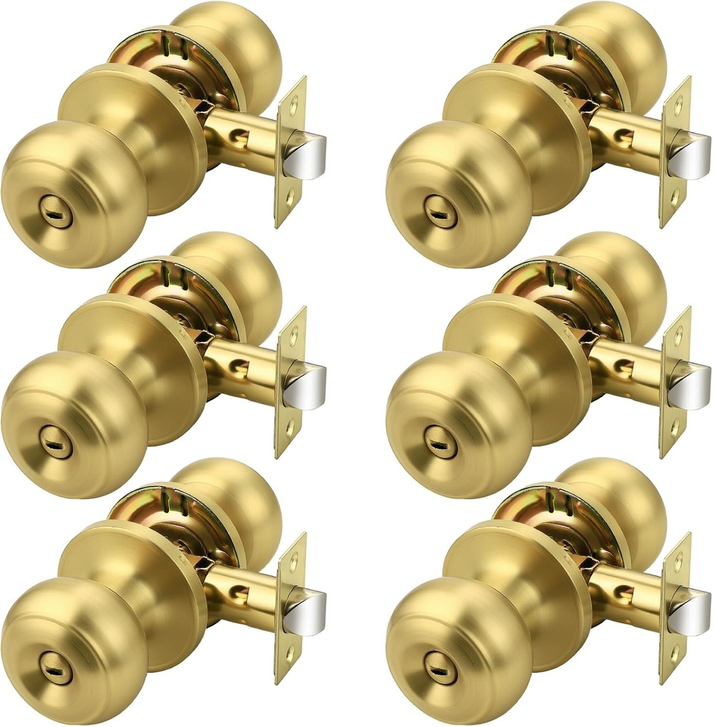 Probrico Brushed Brass Door Knobs for Bedroom Bathroom, Interior Door Knob with Round Ball, Gold Privacy Door Knob, 6 Pack