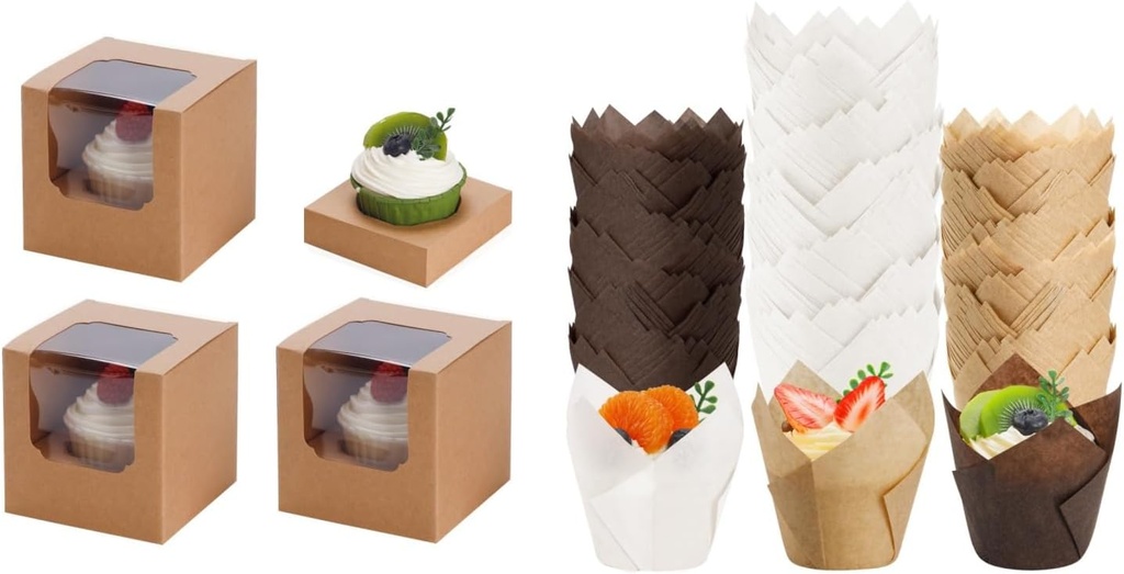 Bundle of 25 Pcs Brown Cupcake Boxes and 200PCS Tulip Cupcake Liners
