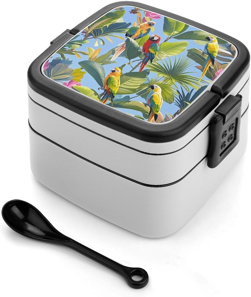 Tropical Plants And Parrots Bento Box Double-Layer Bento Lunch Container with Spoon And Invisible Handle Adult Leak-Proof Lunchbox for Dining Out Work Picnics Travel