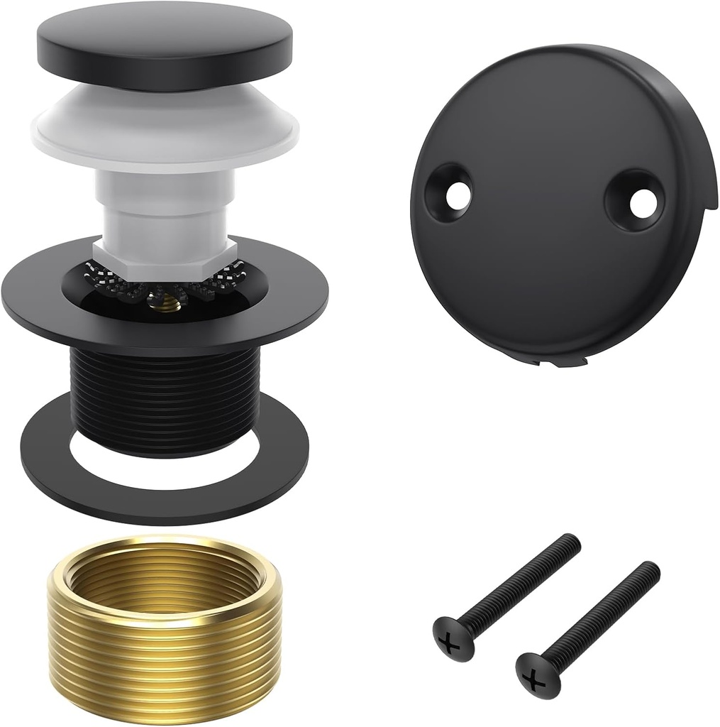 Matte Black Tub Drain Kit, Tip-Toe Bathtub Drains and Overflow Trim Set with 2-Hole Overflow Faceplate, Bathroom Bath Tub Drain Stopper Replacement Kit with Hair Catcher, Tub Faucet Set