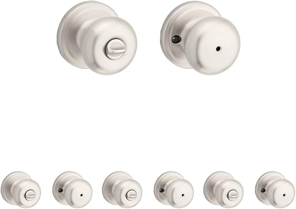 Kwikset Juno Interior Privacy Door Knob with Lock, Door Handle for Bathroom and Bedroom, Satin Nickel Keyless Turn Lock Doorknob, with Microban Protection (Pack of 4)
