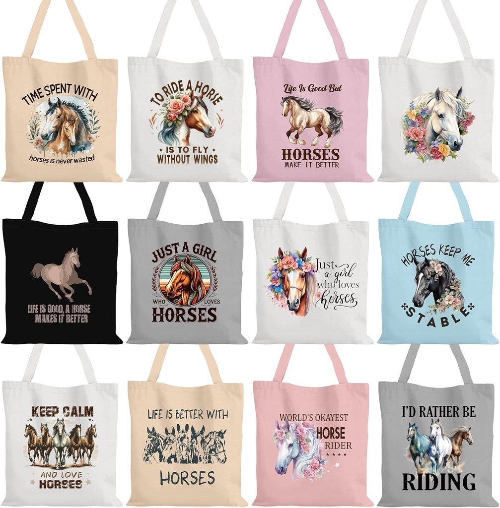12 Pcs Horse Gifts for Women Girls Horses Bags Canvas Tote Stuff for Christmas Birthday Gifts for Women Moms Daughters Sisters Equestrian Lovers