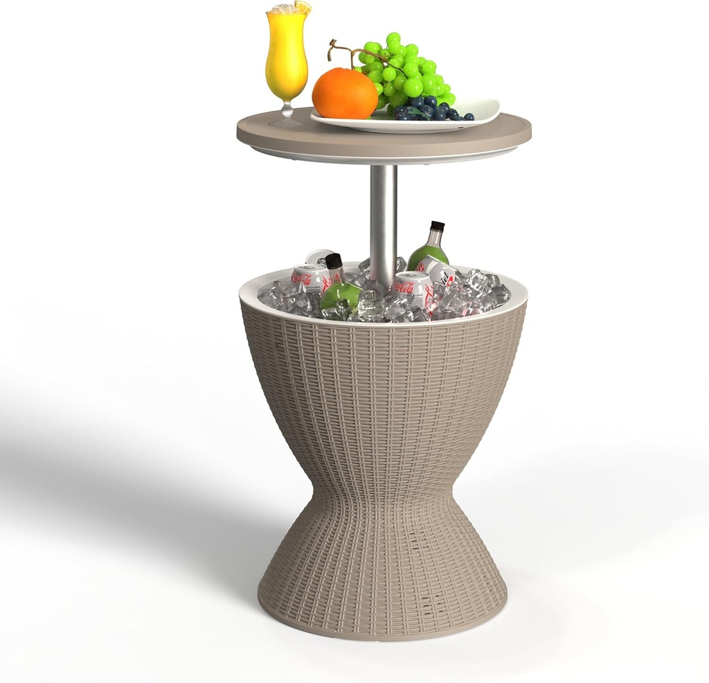 EasyUp Outdoor Cooler Bar Table – 8 Gallon Outdoor Patio Cooler Table with Drain Plug, Adjustable Height Rattan-Style Resin Cool Bar for Poolside, Deck, BBQ & Parties (Light Brown)