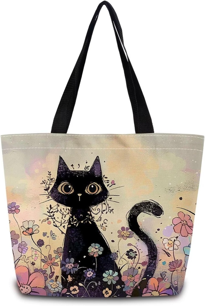 Floral Black Cat Tote Bag Reusable Grocery Bags Cute Aesthetic Shopping Shoulder Handbag with Interior Zipper Pocket Lightweight & Washable Stylish Floral Black Cat Present for Women