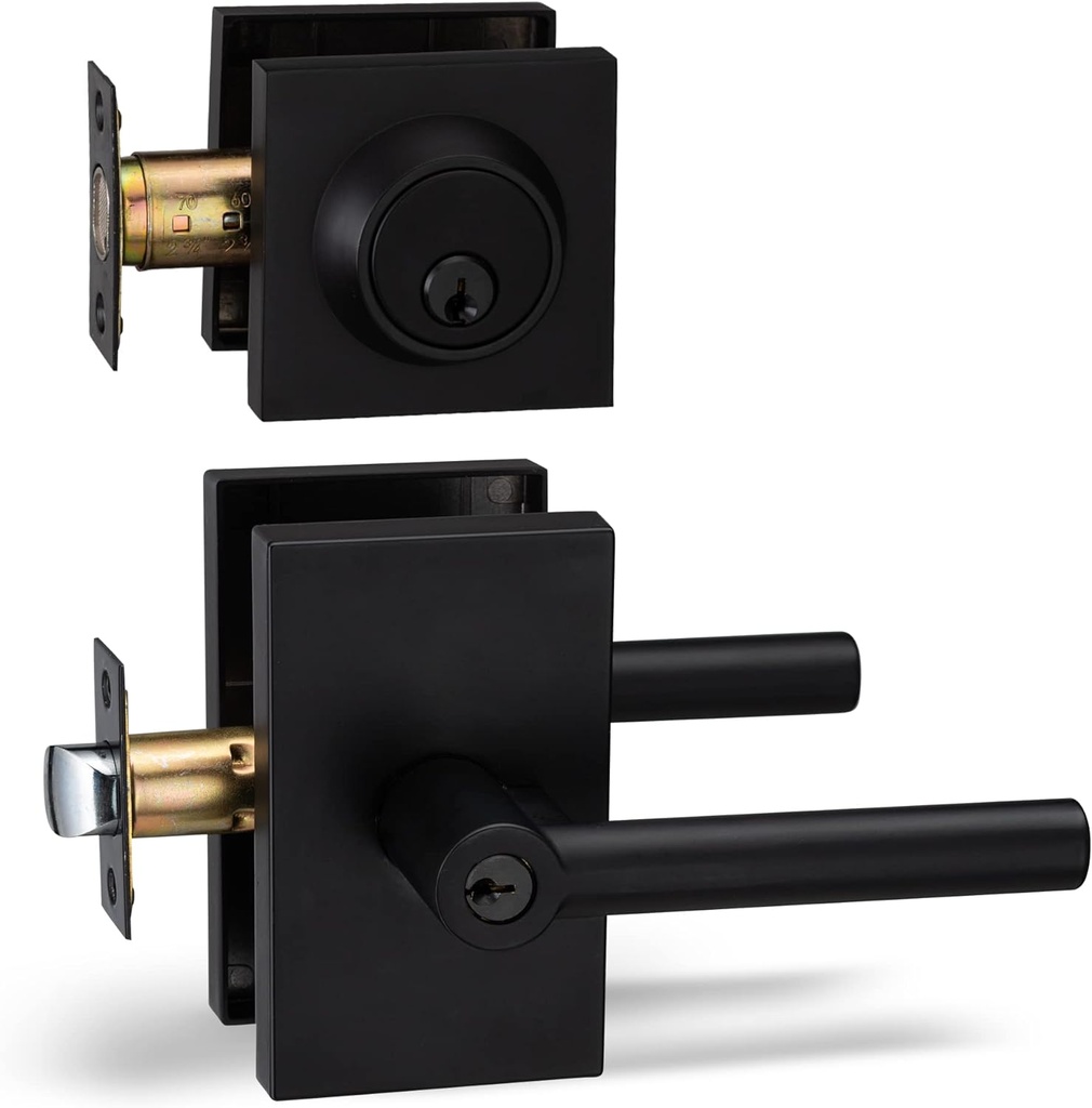 Berlin Modisch Entry Lever Door Handle and Single Cylinder Deadbolt Lock and Key Designer Series Locking Lever Handle Set [Front Door or Office] Right & Left Sided Doors Heavy Duty – Iron Black Finish