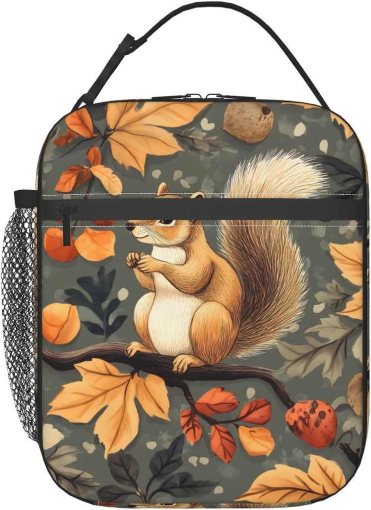 Reusable Squirrel Fall Lunch Box for Kids Girls Boys Women Adult, Insulated Autumn Leaves Woodland Lunch Bag,Polyester Cooler Handbags Case for School Picnic Work Travel Beach or Hiking