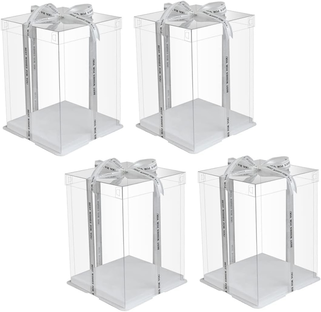 4 Pcs Transparent Cake Packing Boxes Portable Dessert Storage Containers for Bakery Food Safe Clear Plastic Packaging with Color Ribbon for Birthday Cakes and Party Treats