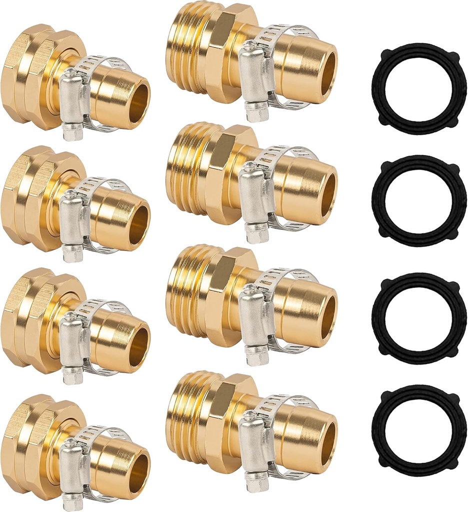 Garden Hose Repair Connector with Clamps, Fit for 3/4" or 5/8" Aluminum Garden Hose Fitting, Male and Female Hose Fittings, 4 Sets