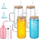 Skylety 9 Pcs Snow Globe Glass Tumbler Supplies with Handle 16oz Cups Pre Drilled Double Wall Clear Cups Kit with Lid and Straw Squeeze Bottle Funnel Tweezer Bent Syringe for DIY Glitter Craft Gift