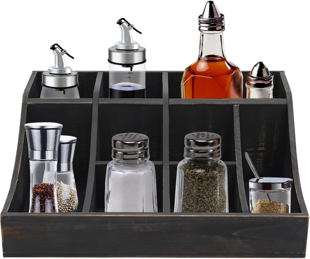 Coffee Bar Organizer for Countertop, Wooden Condiment Organizer Station Coffee Cup Syrup Pod Holder for Home Office Cafe, 9 Compartment, L16.3*W12.5*H6.3in, Black