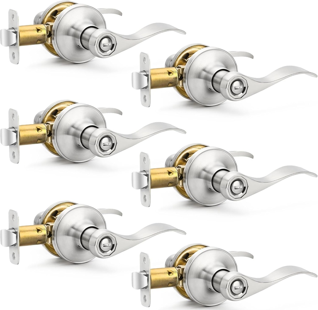 Sopoby 6 Pack Door Handles Privacy Door Levers, Heavy Duty Wave Style Bed/Bath Door Locks Interior Door Knobs, Reversible Levers for Right/Left Handed Doors, Brushed Nickel