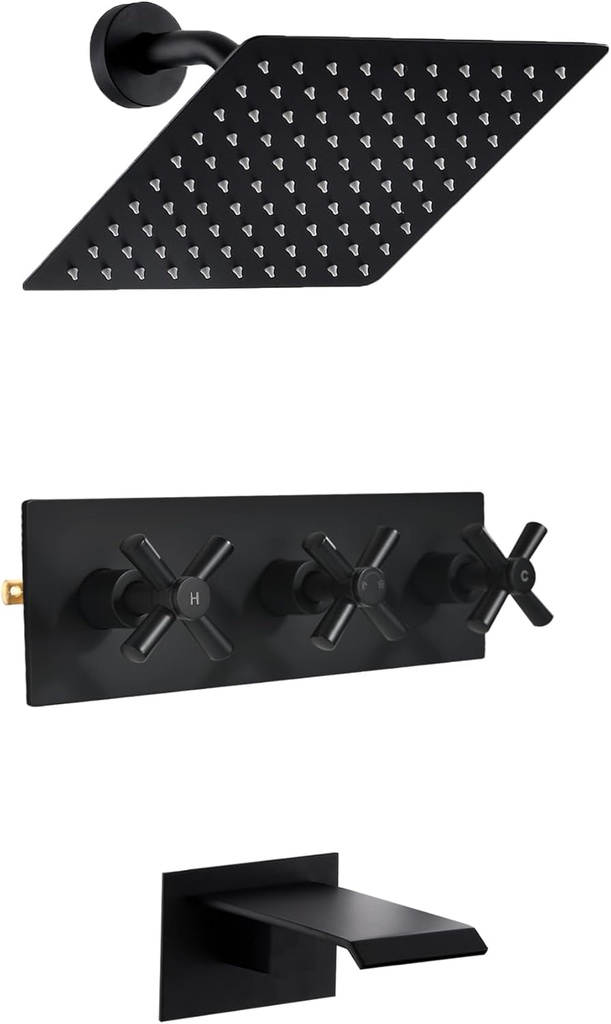 3 Handle Tub Shower Faucet, Matte Black Three Handle Shower Faucet Set with Waterfall Tub Spout and 8" Rainfall Shower Head, 3 knob shower tub faucet set