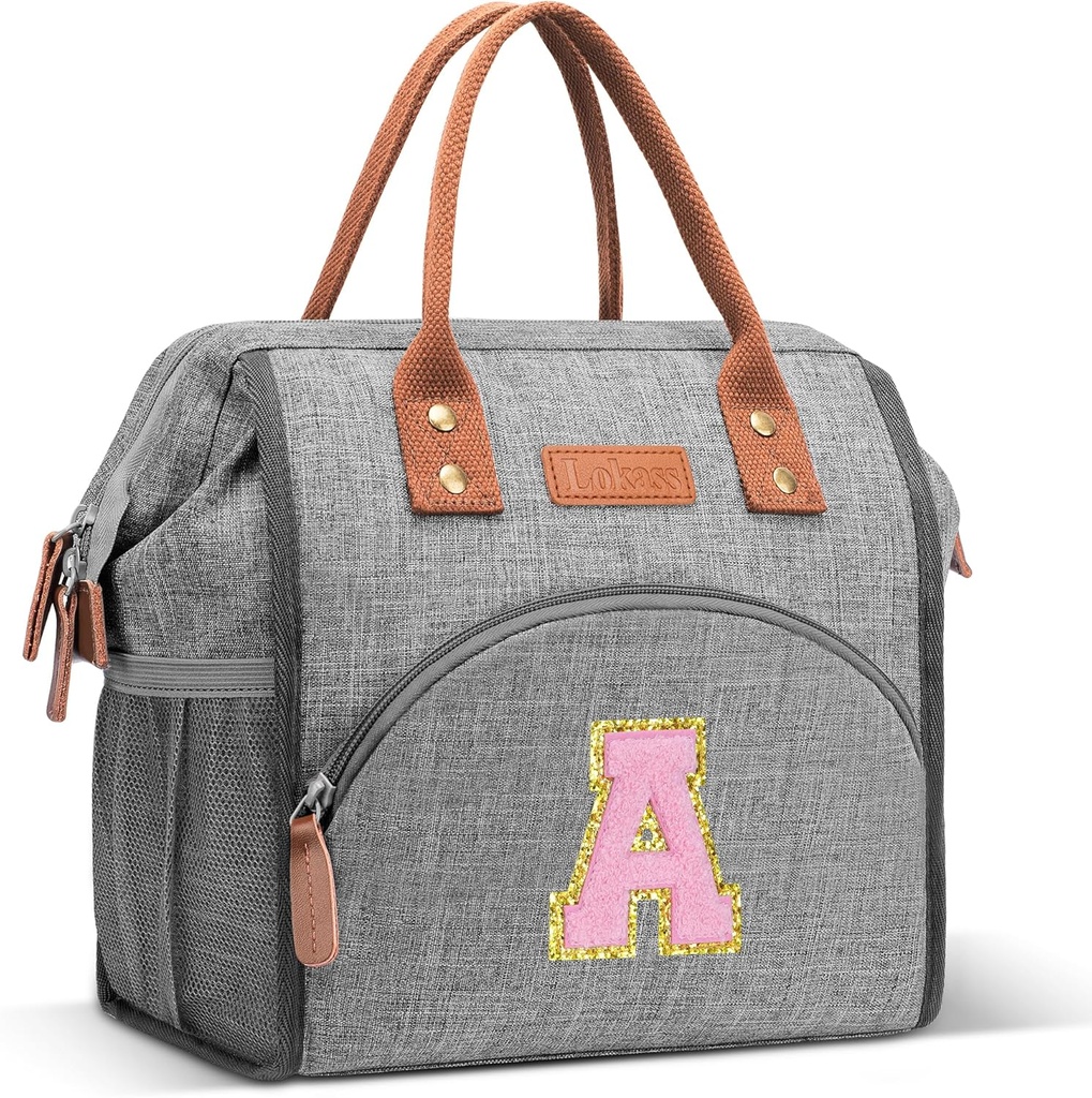 LOKASS Initial Lunch Box for Women, Wide-Open Leakproof Insulated Lunch Bag Women – Reusable Tote Bag for Office Beach Picnic, Christmas | Valentine's Day | Thanksgiving Gifts for Family (Pink A)