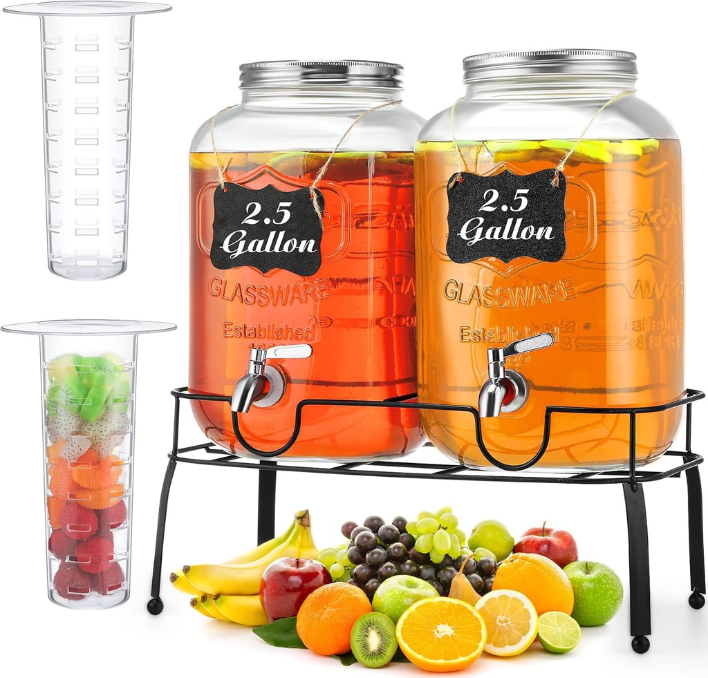 2 Pcs 2.5 Gallon Glass Drink Dispenser with Stand Glass Beverage Dispenser with Spigot Ice Cylinder Chalkboard Juice Dispenser for Parties Water Mason Jar Dispenser for Wedding