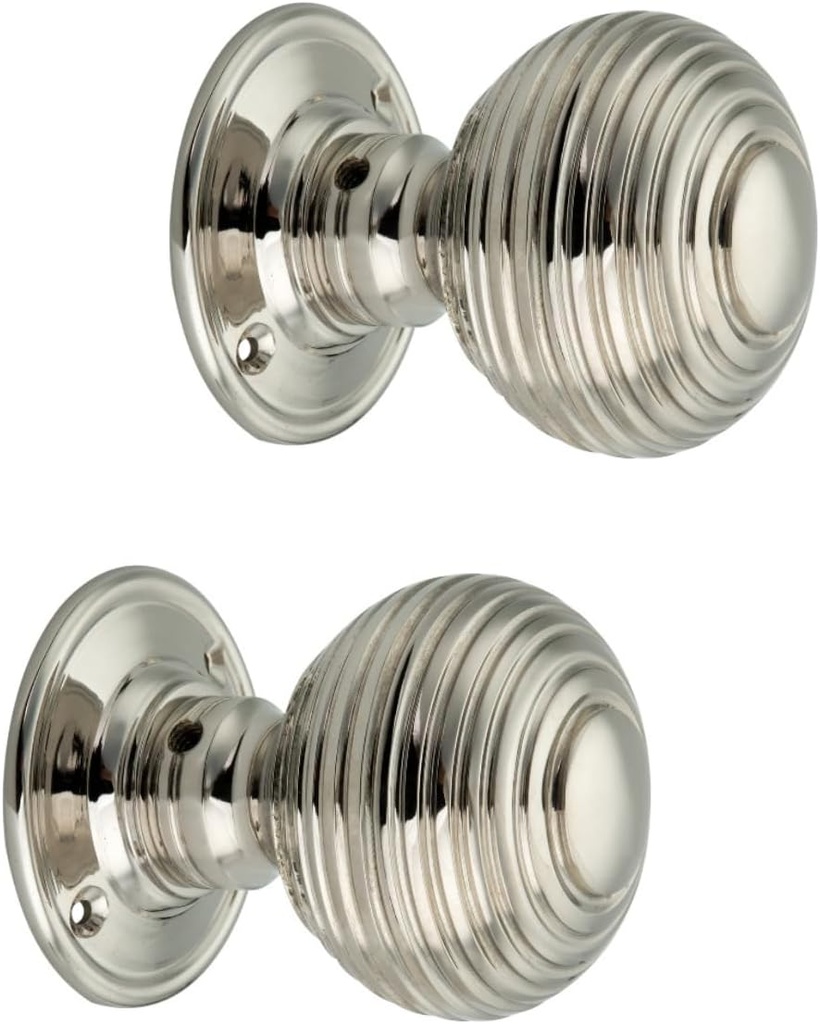 Infinity Decor Pair of Solid Brass Beehive Mortice Door Knobs in Polished Nickel Finish 60mm Round Pull Door Handles Set for Internal and External Doors