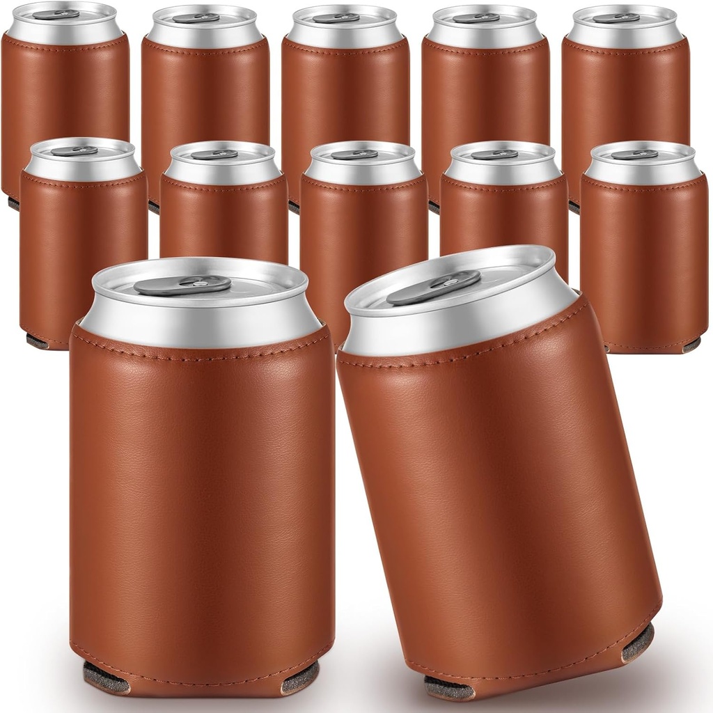 12 Pcs Groomsmen Cooler Sleeves 12oz PU Can Insulator Holder Beverage Cooler Sleeves Bulk Wedding Blank Beer Can Holder for Groomsmen Gifts Party Favors(Brown)