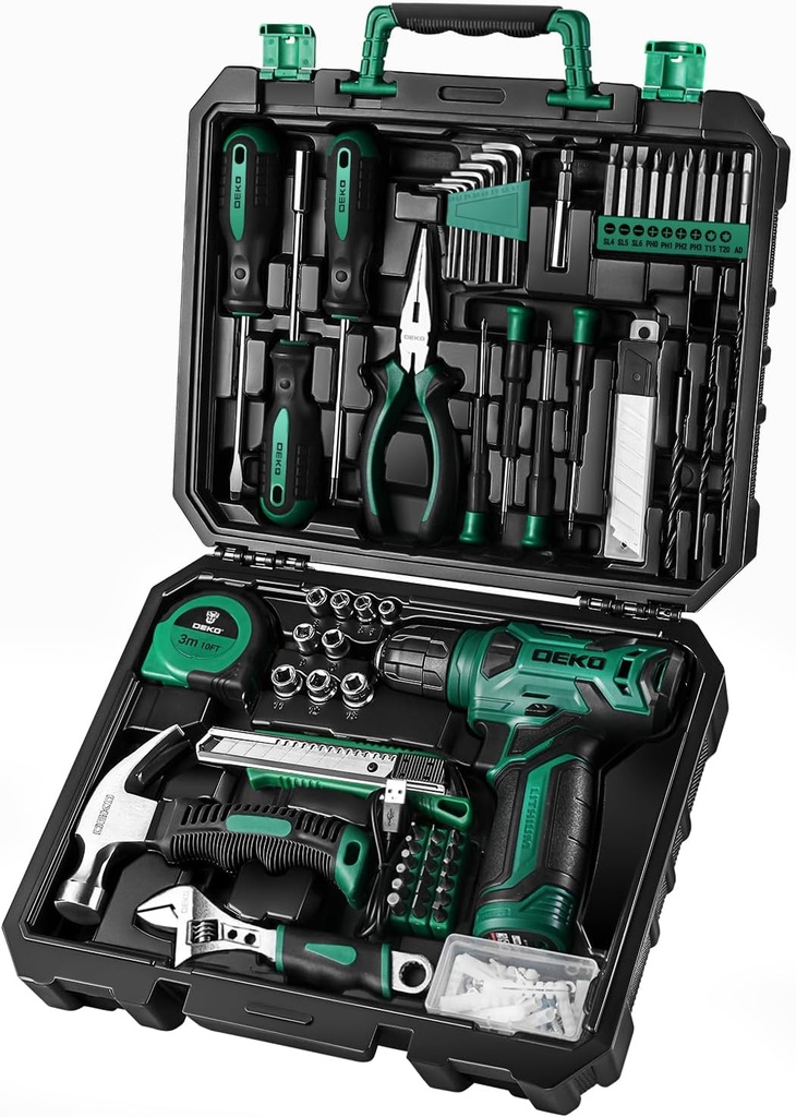 Tool Kit: 8V Cordless Drill, Home Toolbox with storage case, Hand Tool set for Home Repairs 126 Piece, Green