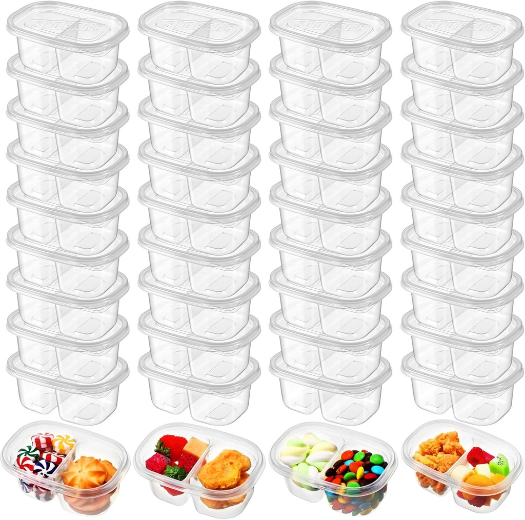 48 Pcs Snack Containers with Lids Double Compartment Cute Snack Container for Kid Adult Plastic Stackable Lightweight Bento Box for Refrigerator, Outdoor Takeaway, Travel(Clear)