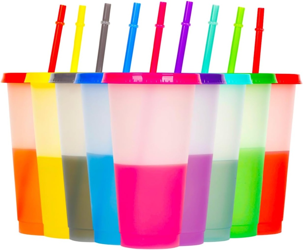Color Changing Cups, 9 Pack 24oz Plastic Tumblers, Reusable Iced Coffee & Smoothie Cups with Lids and Straws for Parties and Travel (9, White)