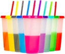 Color Changing Cups, 9 Pack 24oz Plastic Tumblers, Reusable Iced Coffee & Smoothie Cups with Lids and Straws for Parties and Travel (9, White)