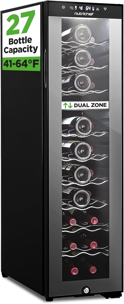 NutriChef 27 Bottle Wine Fridge | Dual Zone Adjustable Temperature Control 41°F to 64°F | Ultra Quiet | Wine Cooler For Home, & Office | FreeStanding 43x11x23 IN | Black