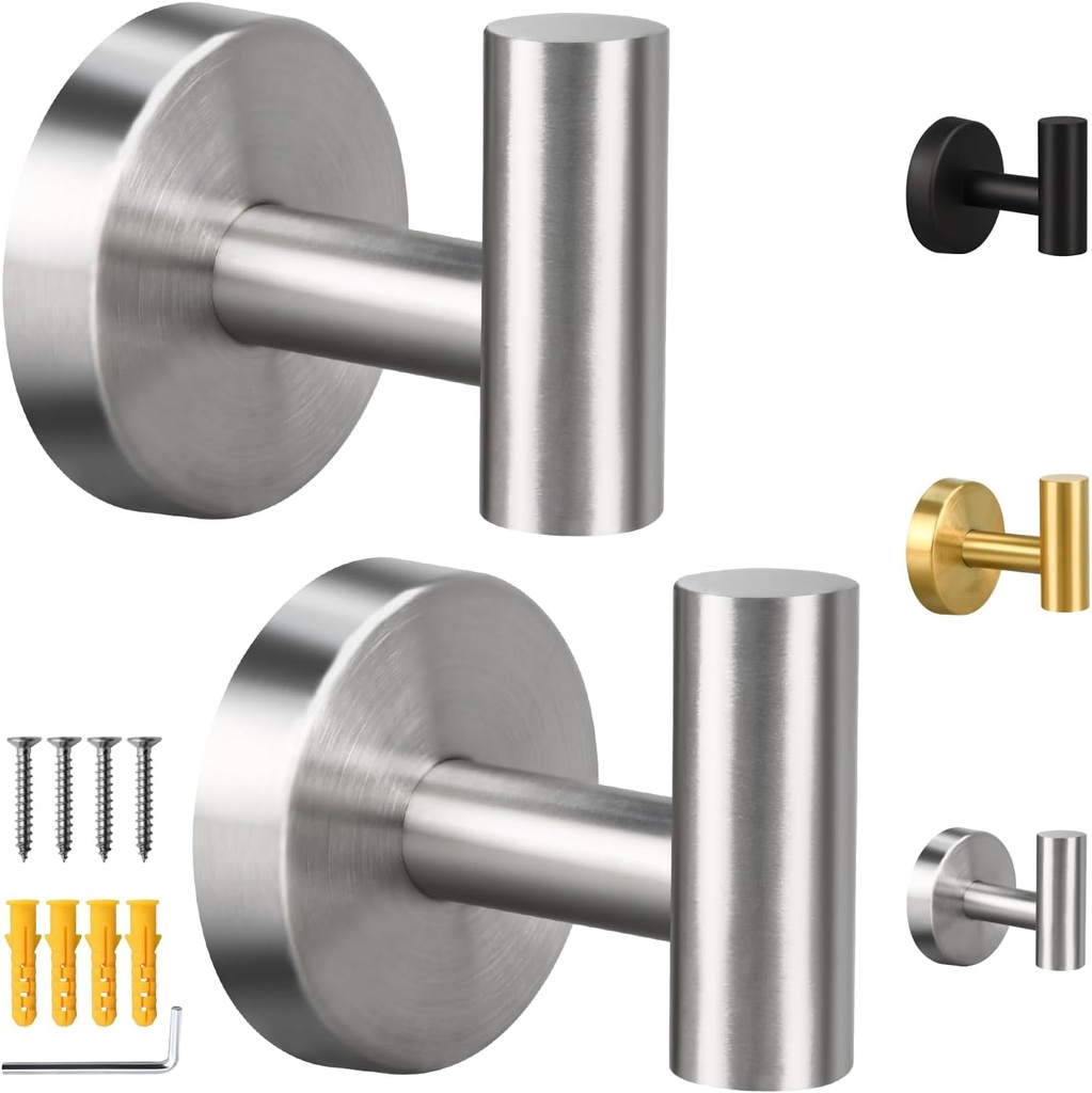 2 Pack Brushed Nickel Towel Hooks, SUS304 Stainless Steel Bathroom Hooks for Bedroom Kitchen Hotel Office