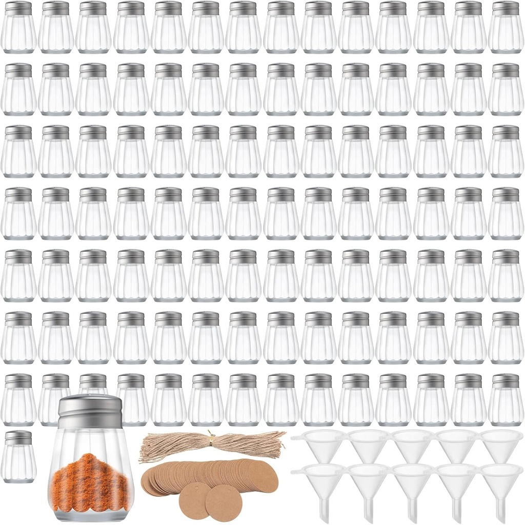 100 Pack Mini Salt and Pepper Shakers Bulk Glass Salt and Pepper Holders Small Clear Parmesan Cheese Spice Shaker Tiny Retro Style Dispensers with 10 Plastic Mini Funnels 100 Tags 100 Ropes