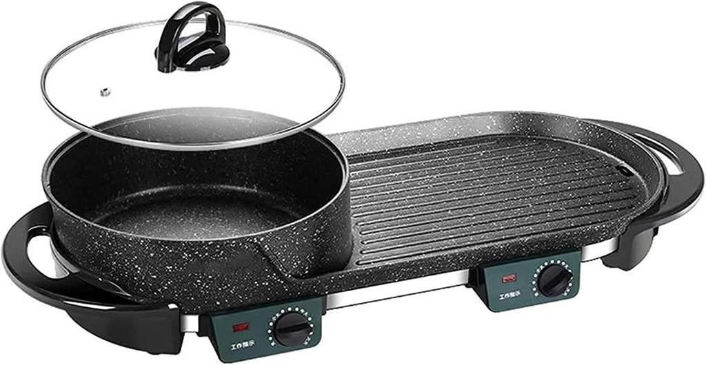Electric Barbecue Hot Pot with Lid Portable 2 in 1 Electric Hot Pot BBQ Fondue BBQ Hotpot Indoor Outdoor (Color : Black 1, Size : 68x27x19CM)