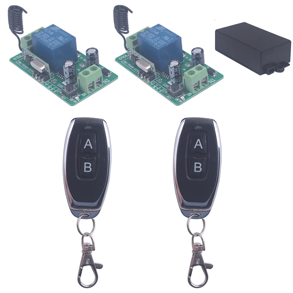 DC 12V 10A Relay Switch 1CH Wireless Remote Control Switch 433MHz Transmitter Receiver Momentary/Toggle Switch 12V Opener Garage Door keypad Universal Wireless ON Off (2* Control+2* Receiver)