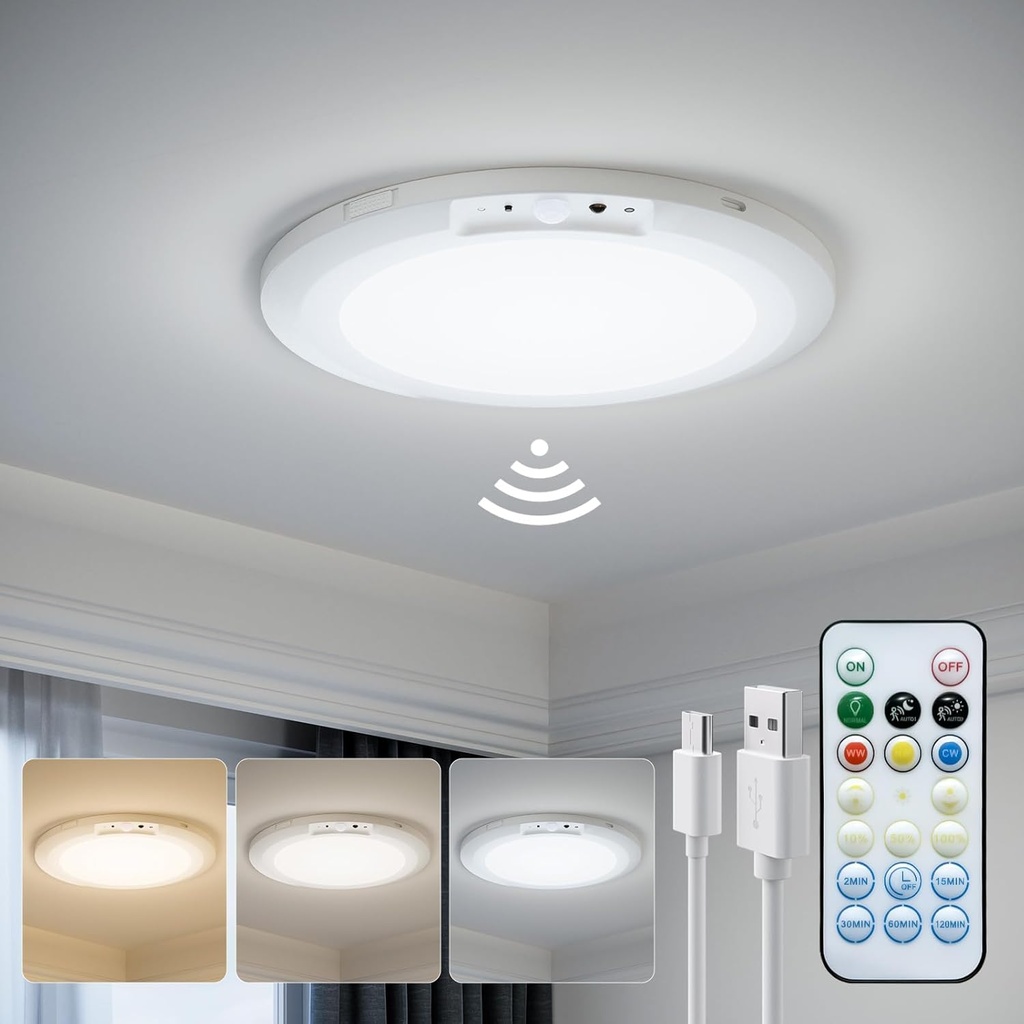 JACKYLED New Upgraded Rechargeable Motion Sensor Ceiling Light With Remote Control,10000mAh Battery Operated Closet Light,Magnetic LED Shower Lights,Ceiling Lamp for Bathroom Pantry Shed Hallway Porch