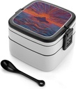 Sunset And Island Bento Box Adult Lunch Box All-in-One Lunch Containers with Removable Compartments Double Layer Bento Lunch Box with Spoon And Handle Stackable Lunchbox