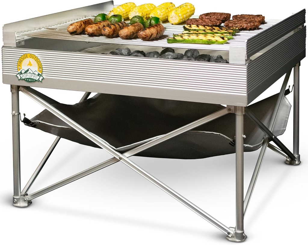 Fireside Outdoor Pop-Up Portable Fire Pit Grill - Camping Charcoal Grills, BBQ Grills, Portable Firepit Campfire Pit, Outdoor Fire Pits Cooking Grate with Grill and Heat Shield - Quad-Fold Grates