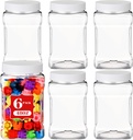 Geiserailie 6 Pcs Square Clear Plastic Jars with Pinch Handle Plastic Storage Container with Screw-on Lids Reusable Wide Mouth Canisters for Dry Good Peanut Cookies Candy (48 oz,White Lids)