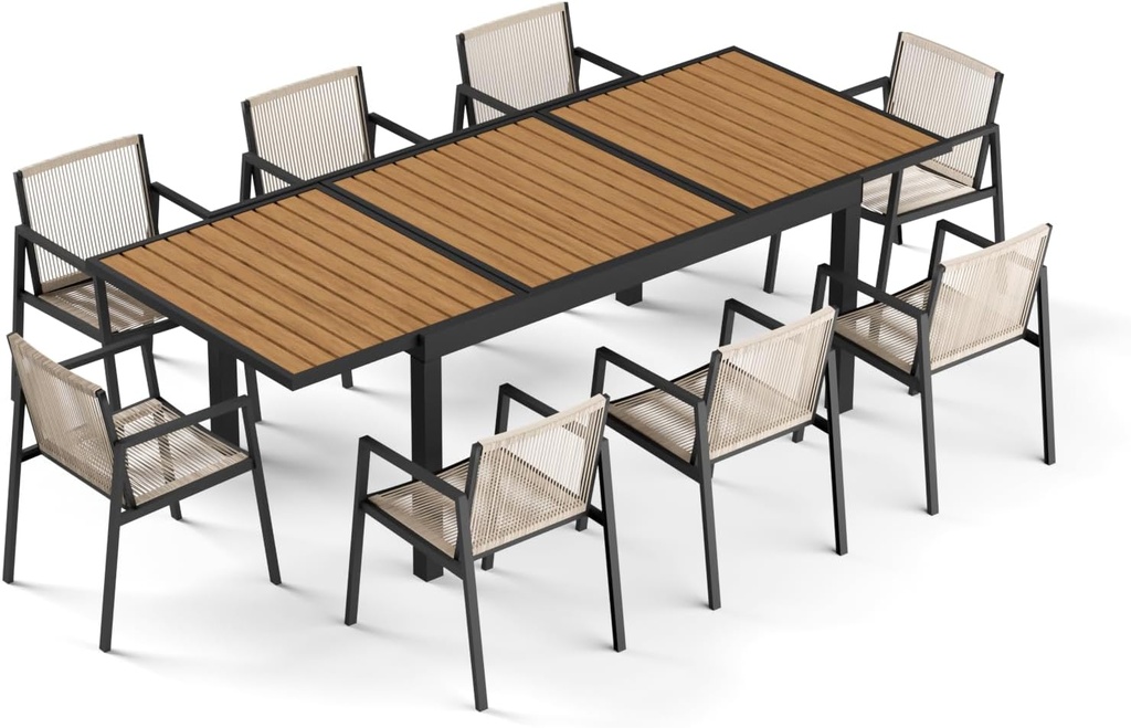 ZANDOR Expandable Outdoor Dining Set for 4-6-8,Patio Table and Chairs Set with Wood Top for Garden,Backyard,Porch,55"-82.7" Extendable Aluminum Outdoor Table Set with 8 Chairs,Grey