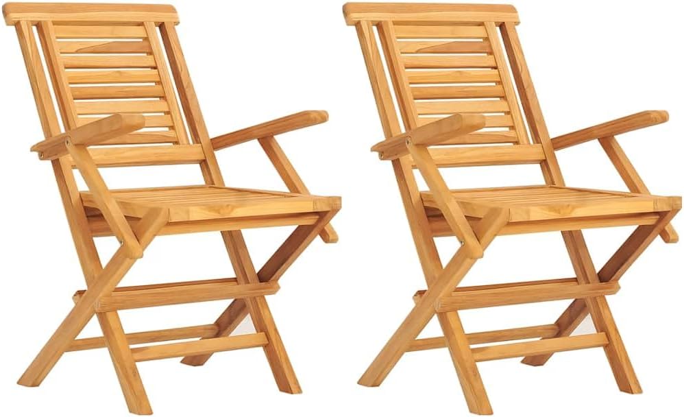 vidaXL Solid Teak Wood Brown Folding Patio Chairs – Set of 2, Garden Seating with Armrest & Backrest, Water- Outdoor Furniture