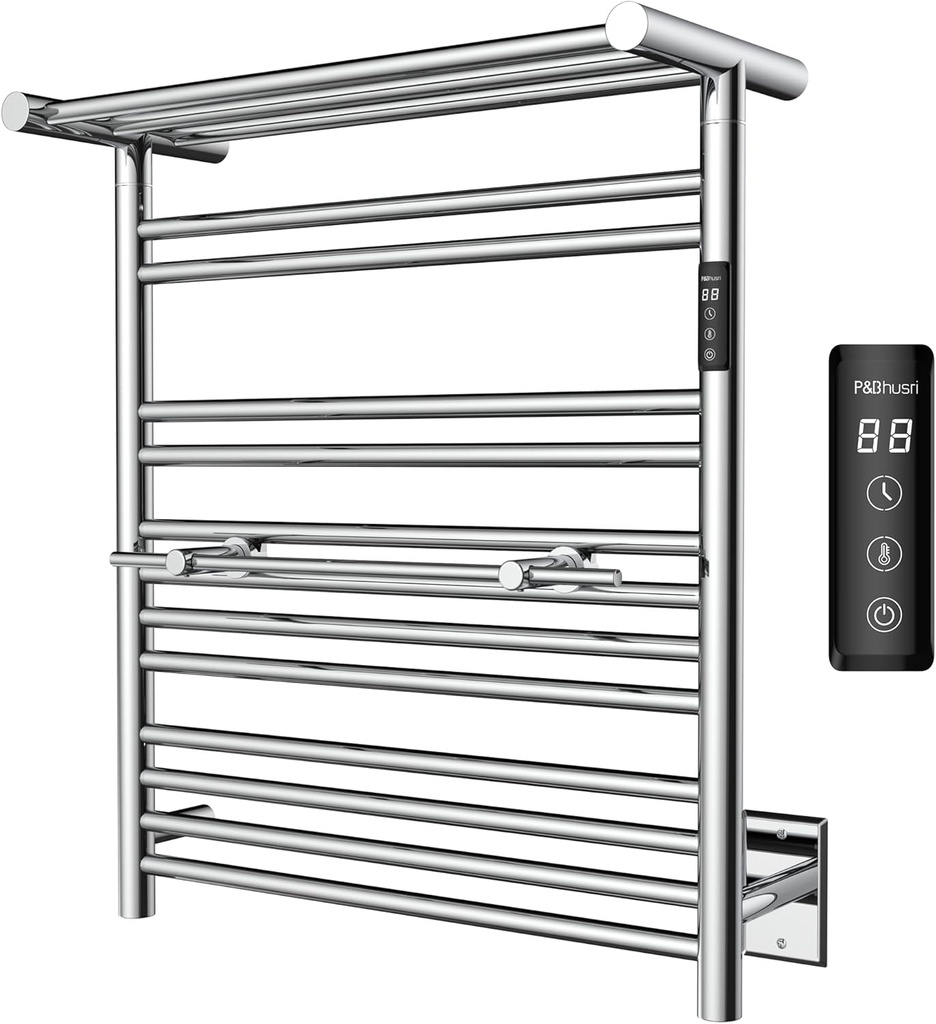 P&Bhusri Heated Towel Rack with Top Shelf, Towel Warmer for Bathroom, H 27.56“ x W 23.62”, Wall Mounted Towel Warmer Rack, Hard-Wired/Plug-in, Polished