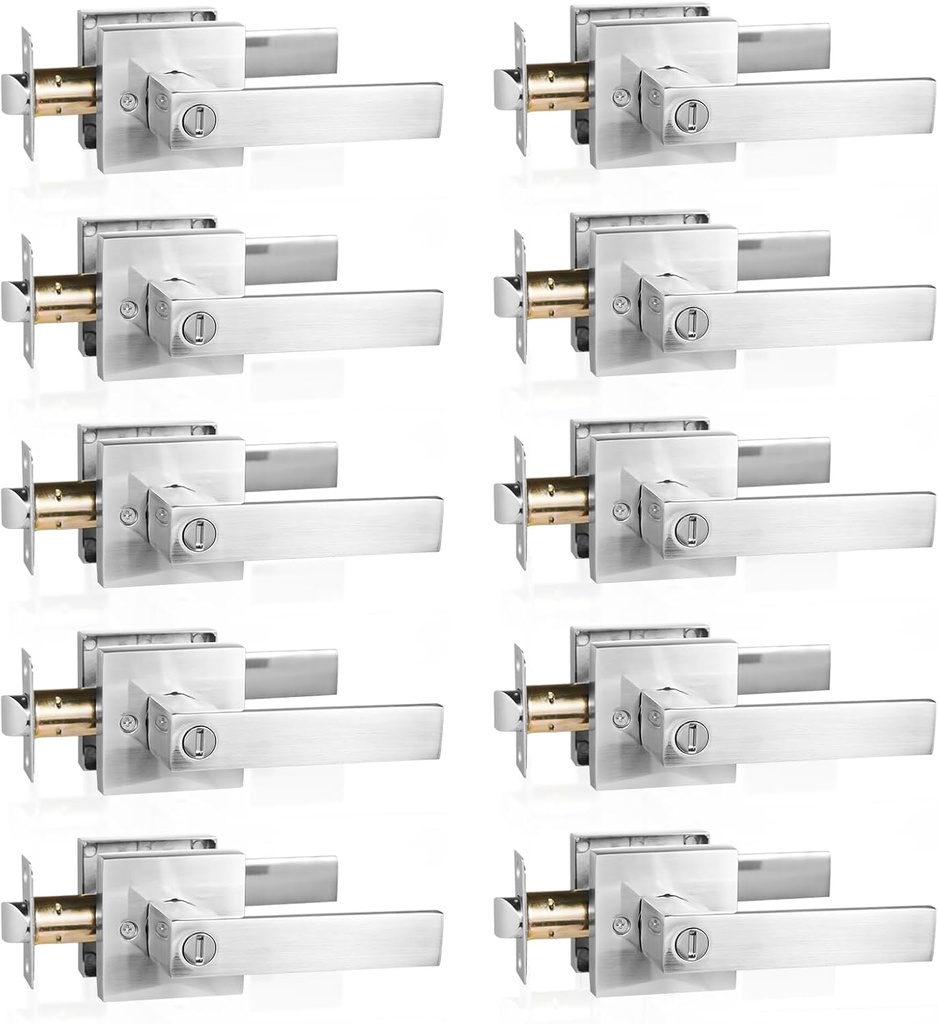 10 Pack Silver Privacy Door Handle Heavy Duty Reversible Square Door Lever Keyless Interior Door Knob Lockset Door Lever for Bedroom, Bathroom, Rooms Left Right Handed Doors