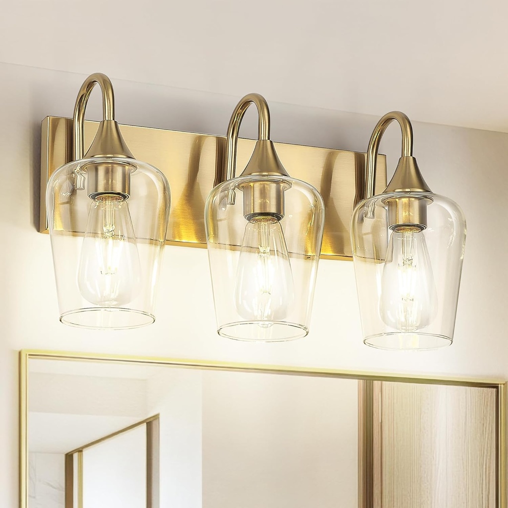 AUTELO Vanity Lights, 3-Light Bathroom Light Fixtures in Brushed Gold Finish with Clear Wine Glass, Gold Vanity Lights for Bathroom, Vintage Wall Sconces for Mirror Kitchen, V9350-3 BG