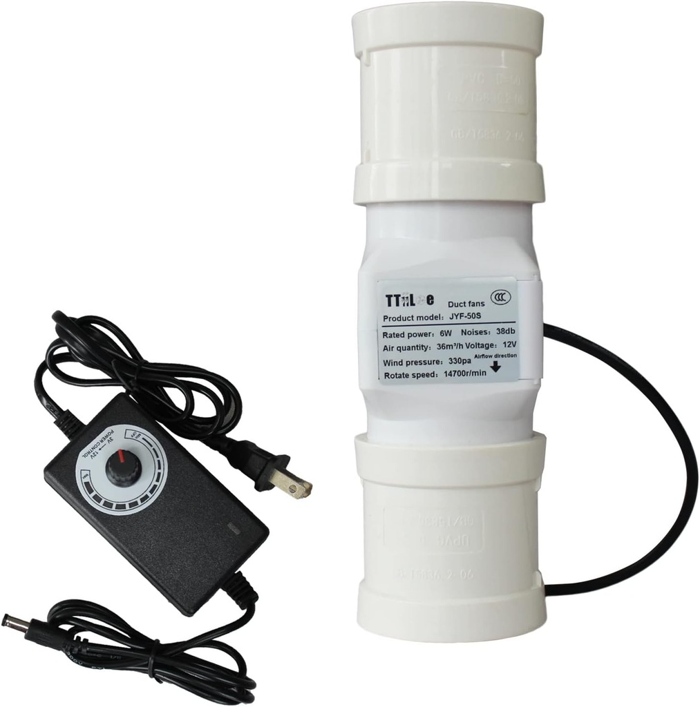 6W Inline Duct Blower with Adjustable Speed 12V 50mm Ventilation Exhaust Fan with PVC Duct Interface for Bathroom Basement Garage Attic Vent Room(Interface 50mm)