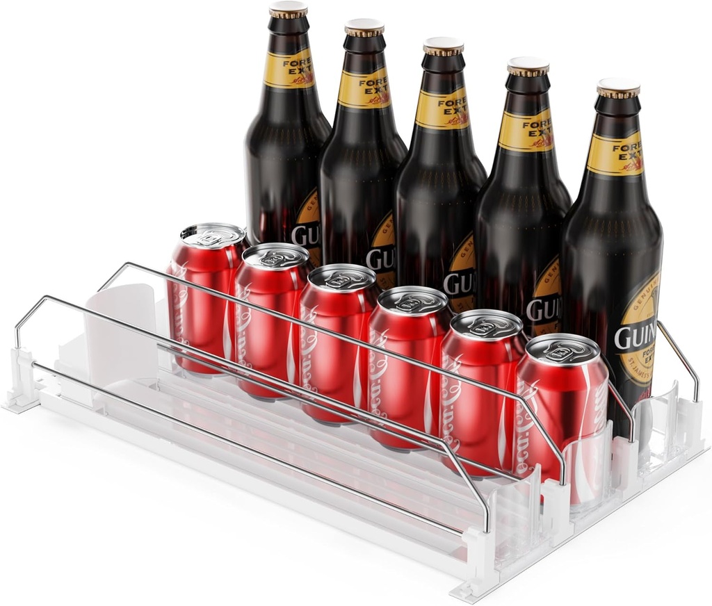Soda Can Dispenser for Refrigerator, Self Pushing Drink Organizer for Fridge Width Adjustable Fridge Drink Dispenser with 3 Rows Pusher Glide Water Bottle Organizer Holds up to 15 Cans(White)